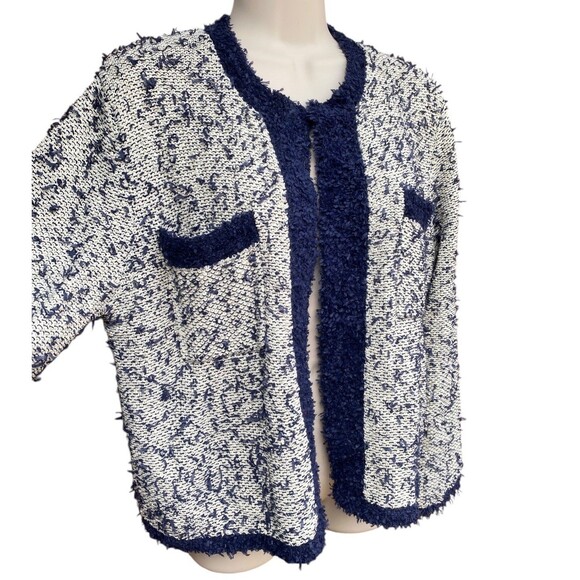 J.Crew Sz M contrast tweed white Navy Open front cropped jacket blazer cardigan - Picture 5 of 12